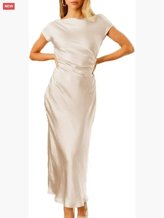 Satin Cap Sleeve Cowl Back Midi Dress Ruched Waist Formal Wedding Guest - Picture 1 of 7
